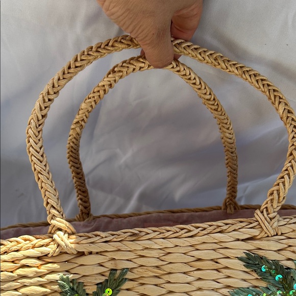 Tropical Woven Tote Bag with Sequined Flamingo Palm Tree Design - Picture 9 of 16